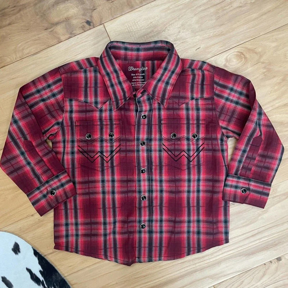 Wrangler Infant / Baby Boy’s Red Plaid Pearl Snap Button Down Shirt Size 6-9 M - Picture 1 of 4